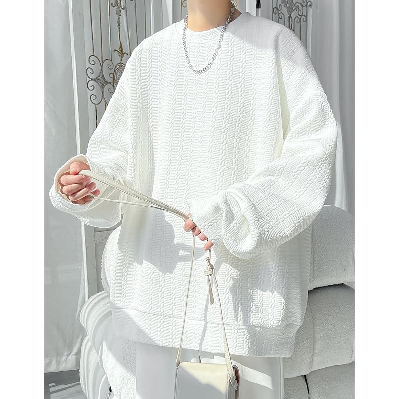 [JHIJSC] Men's Trainer Spring Long Sleeve Relaxing Casual Plain Color Fashionable Large Size (JP, Alphabet, M, White)