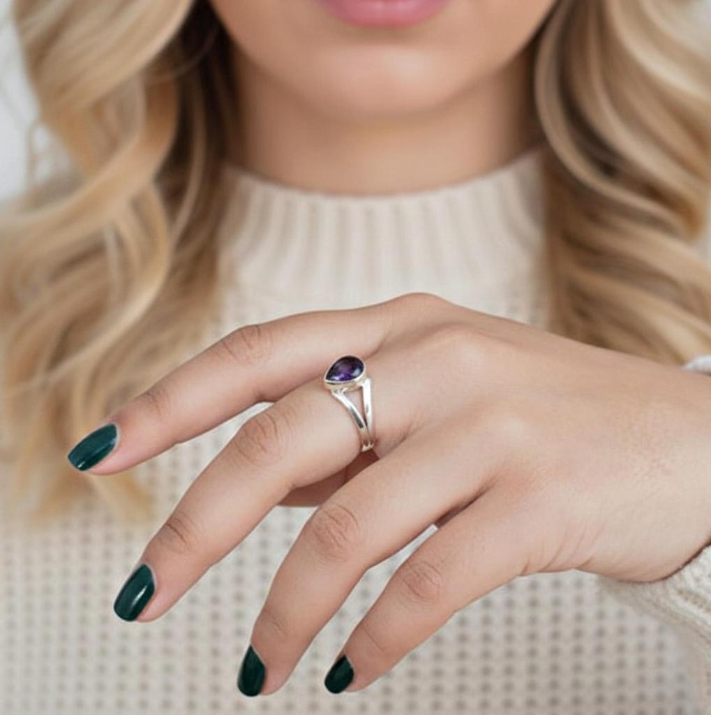 Purple Amethyst Ring, 925 Solid Sterling Silver, Simple Pear Cut Gemstone Ring, Minimalist Everyday Wear Jewelry