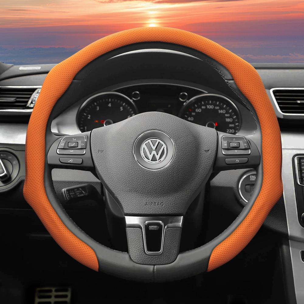 Подходит для Volkswagen Чехол на руль из перфорированной кожи, Нескользящий, Дышащий, Интегрированный защитный чехол Golf Passat Polo Jetta