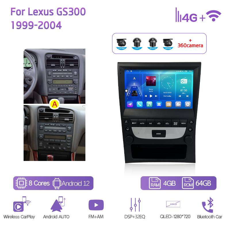 9,0 дюймов Для Lexus GS300 1999-2004 GPS Навигация Радио Android12 8+128 ГБ 8 ядер CarPlay 4G Камера 360 Автомобильный мультимедийный видеоплеер