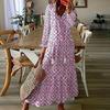 Women Dress Tassel Decor Printed Ruffle A-line Loose Hem Mid Waist Long Sleeve V Neck Soft Ankle Length Bohemian Style Beach Maxi Dress
