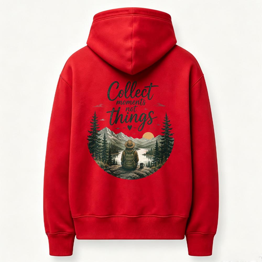 Unisex Collect Moments Not Things Hiker Mountain Lake Sunset Graphic Hoodie Back Print Sweatshirt Outdoor Camping Casual Hooded
