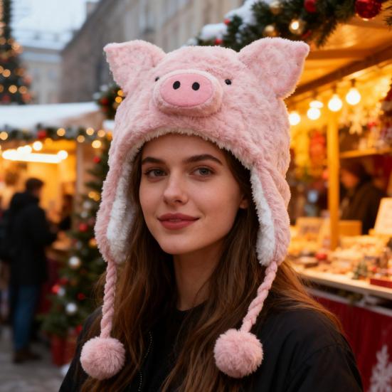 Зимняя шапка мультяшной формы свиньи, мягкая плюшевая, с теплоизоляцией, осенне-зимняя, утолщенная, теплая, с защитой ушей, головной убор