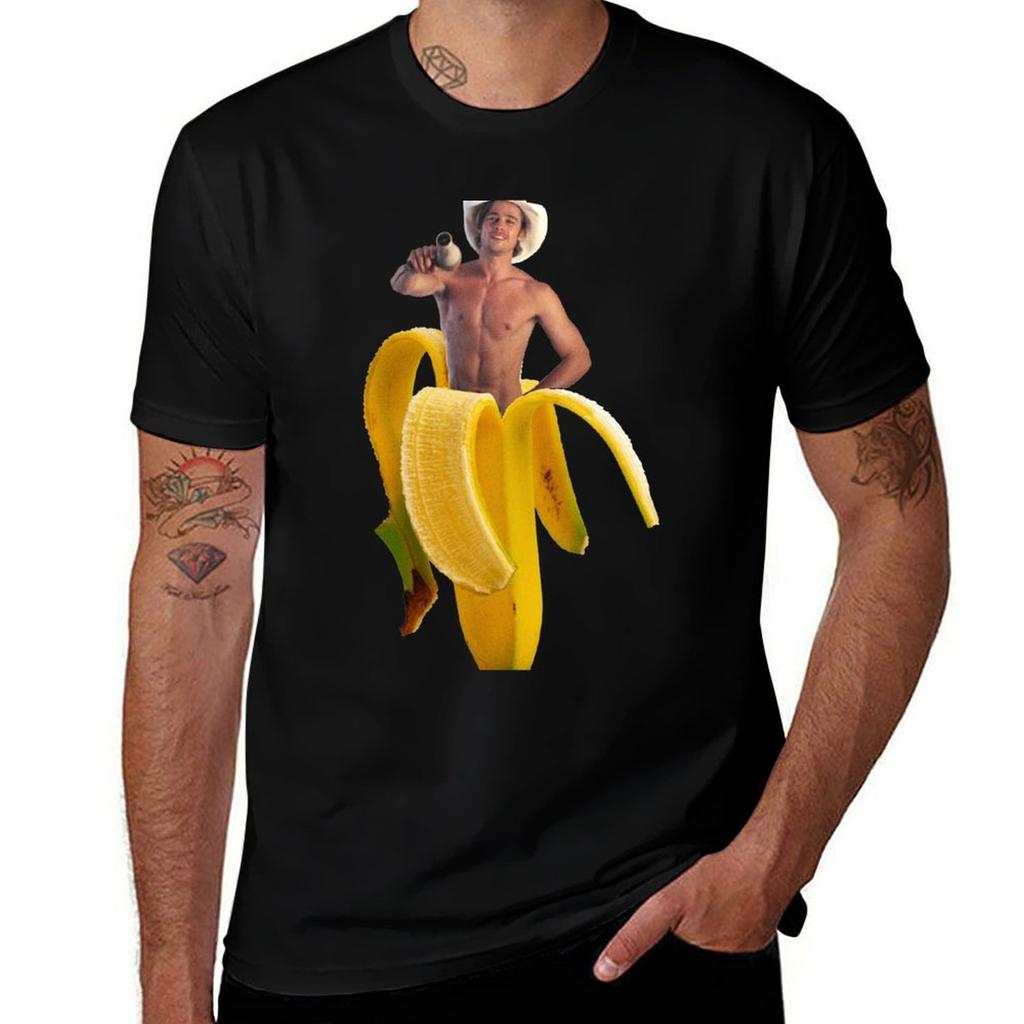 Brad Pitt Wearing Cowboy Hat In A Banana Tshirt Breathable Lightweight Summer Top