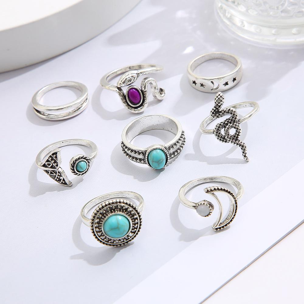 Vintage Geometric Stone Opal Rings Set For Woman Bohemian Antique Silver Color Knuckle Shield Rings Fashion Party Jewelry