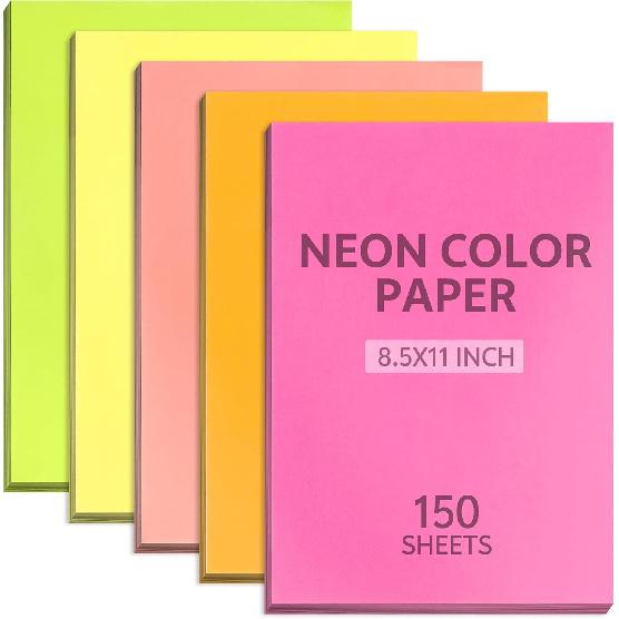 50 Sheets Neon Printer Paper 8.5 x 11 Assorted Colored Copy Computer Paper 20 lb A4 70 gsm Fluorescent Construction Paper for Printing