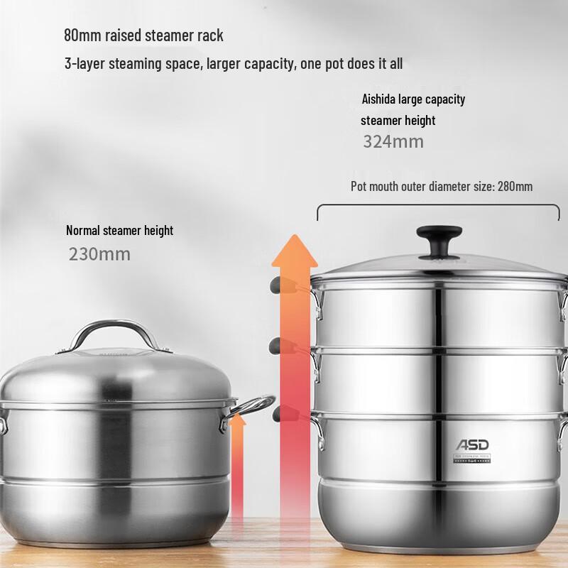 ASD 28cm 3-Layer 304 Stainless Steel Steamer Pot
