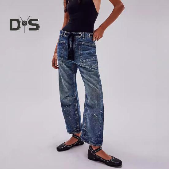 Women's Wide Leg Barrel Jeans Low Rise Drawstring Denim Ankle Pants Elastic Waist Stretchy Baggy Boyfriend Trouser