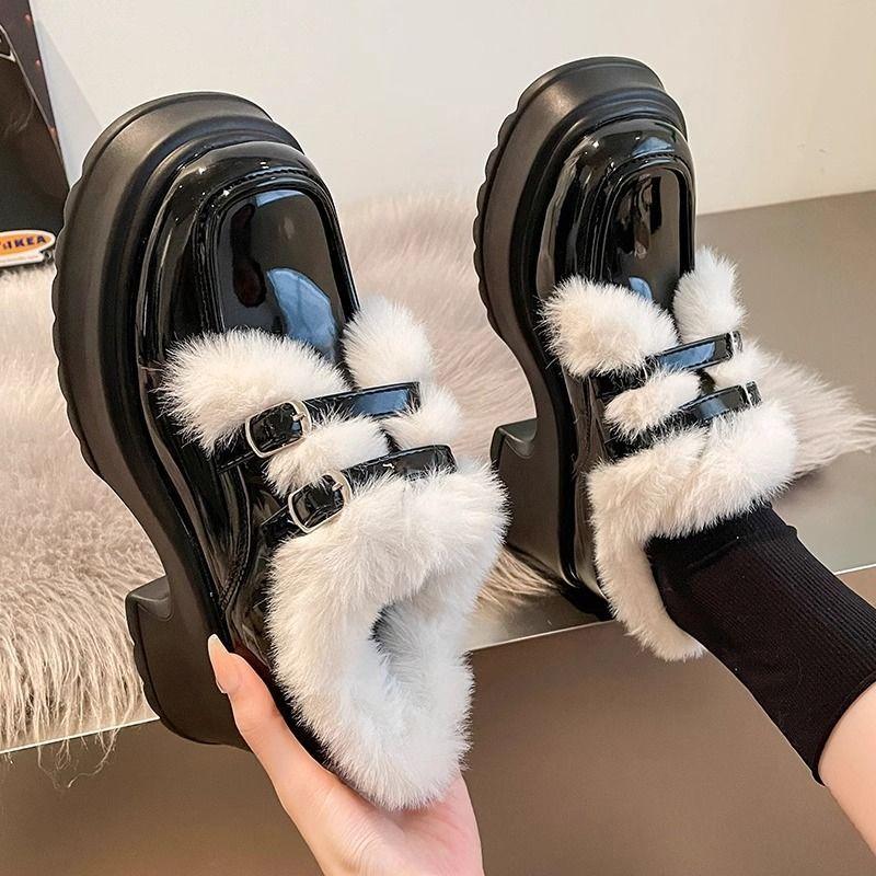 Mary Jane Small Leather Shoes, Plush Thick Heels, High Heels for Women, Autumn and Winter 2025, Fluffy Shoes, Platform Loafers for Women, Height Inc