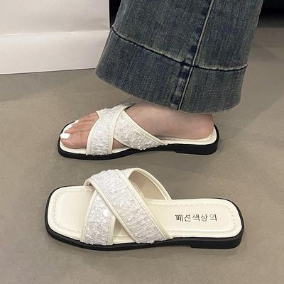 Крутые шлепанцы на перекрестных ремешках с пайетками, летние новинки, повседневные шлепанцы на плоской подошве для улицы, высококлассные шлепанцы с одним ремешком