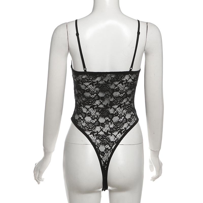 2024 Осень Женский Городской Шик Однотонный Кружевной Боди с Текстовыми Акцентами