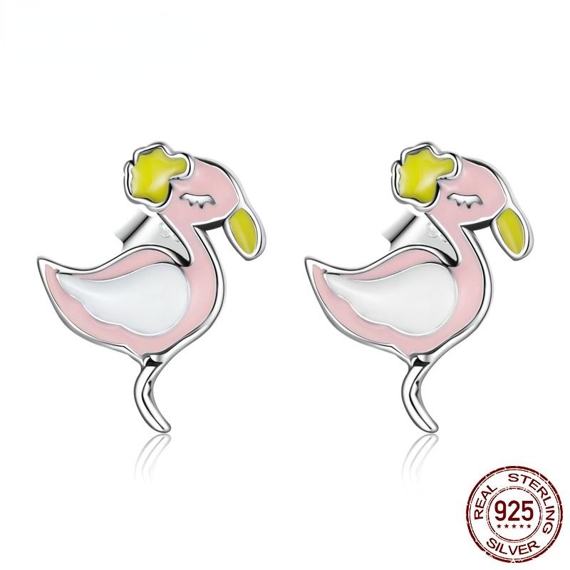 925 Sterling Silver Enamel Stud Earrings Cute Pink Flamingo Earrings for Women & Girls Fine Jewelry Set Friendship Gift
