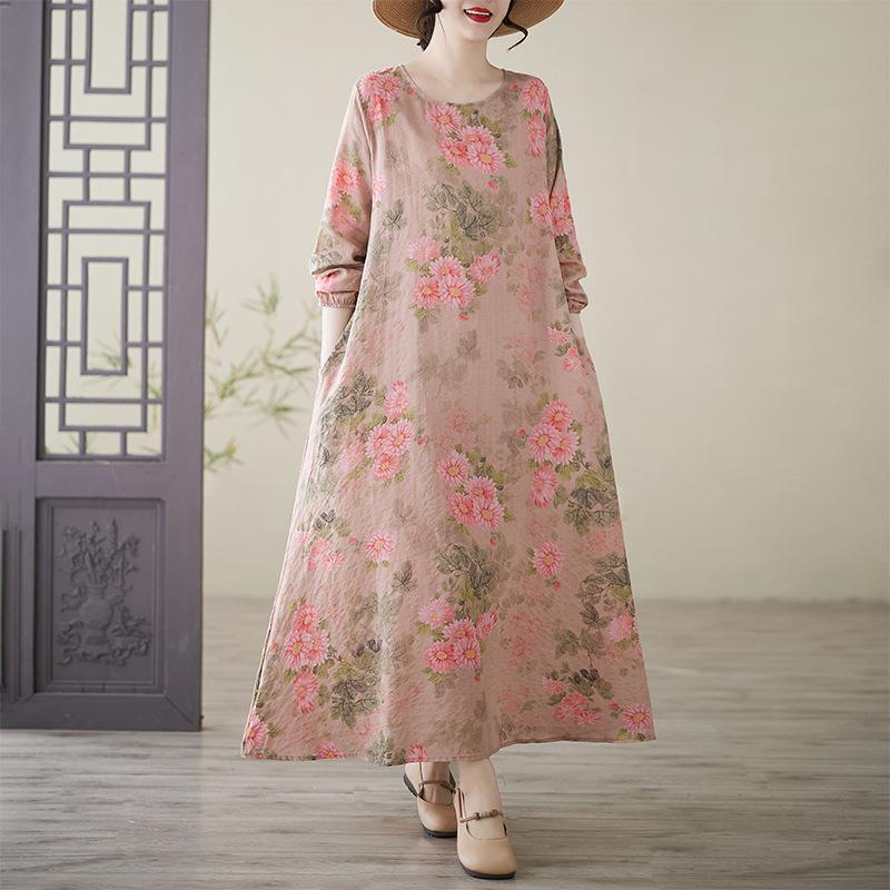 Весеннее литературное платье больших размеров с принтом, круглым вырезом, длинными рукавами, повседневное платье для женщин, вечерние платья