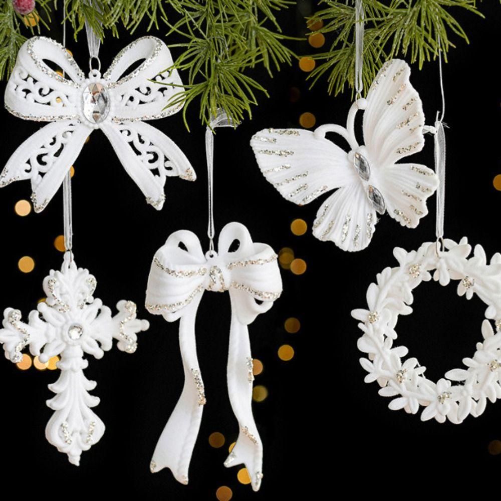 Plastic Christmas Bell Pendant Flocked Snowflake Bowknot Decor Christmas Tree Decor