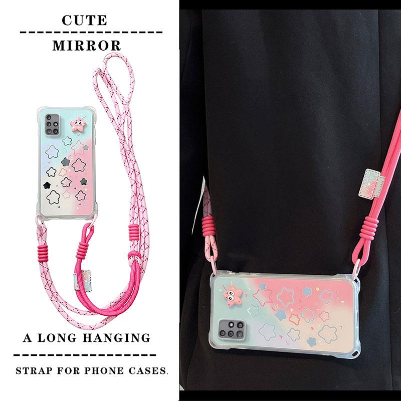 KEYSION Crossbody Strap Phone Case for Samsung A51 4G Cute Cartoon Long Lanyard Mirror Shockproof Cover for Galaxy A51