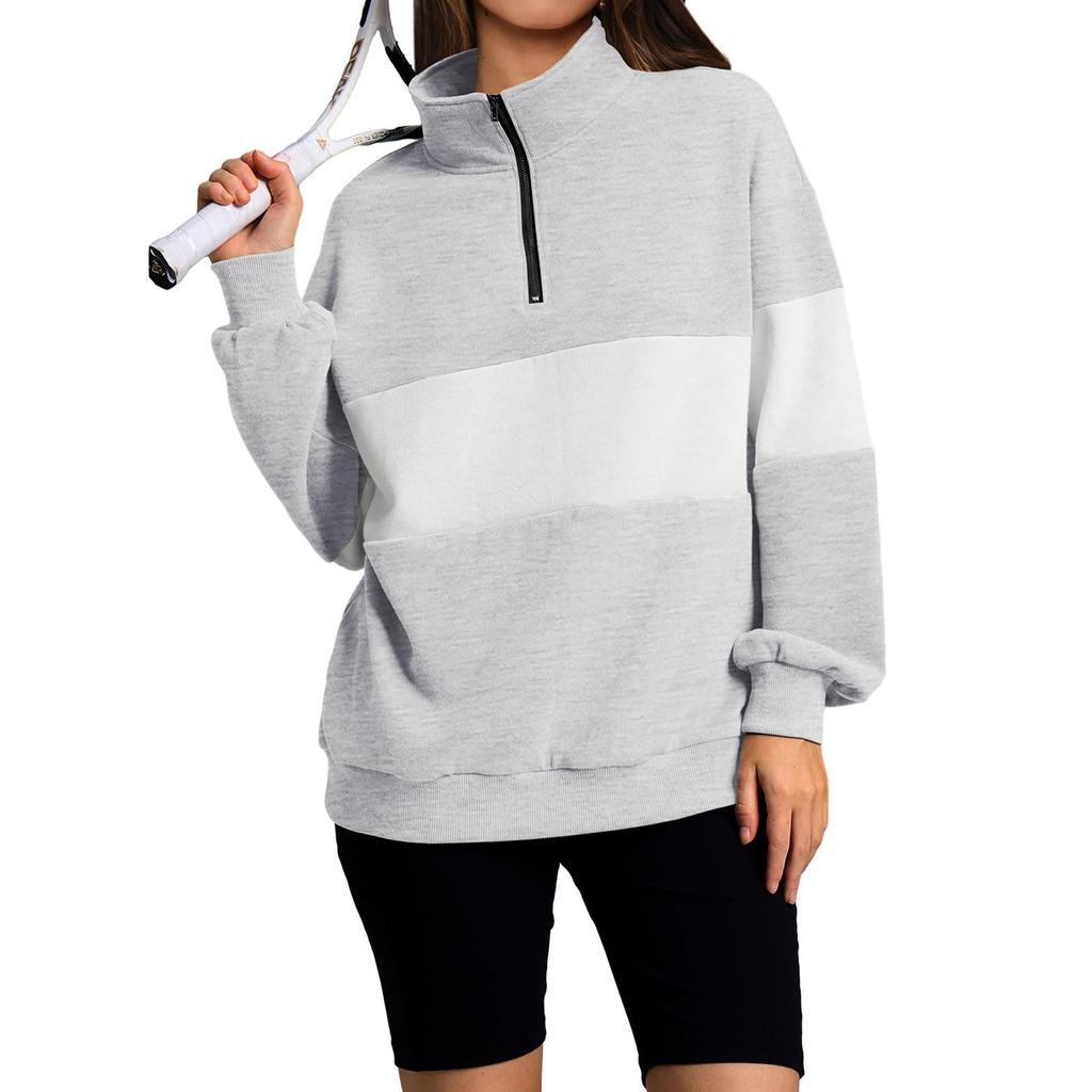 Women's Casual Loose Long Sleeved Patchwork Zipper Sweatshirt Top Loose Striped Sweatshirt
