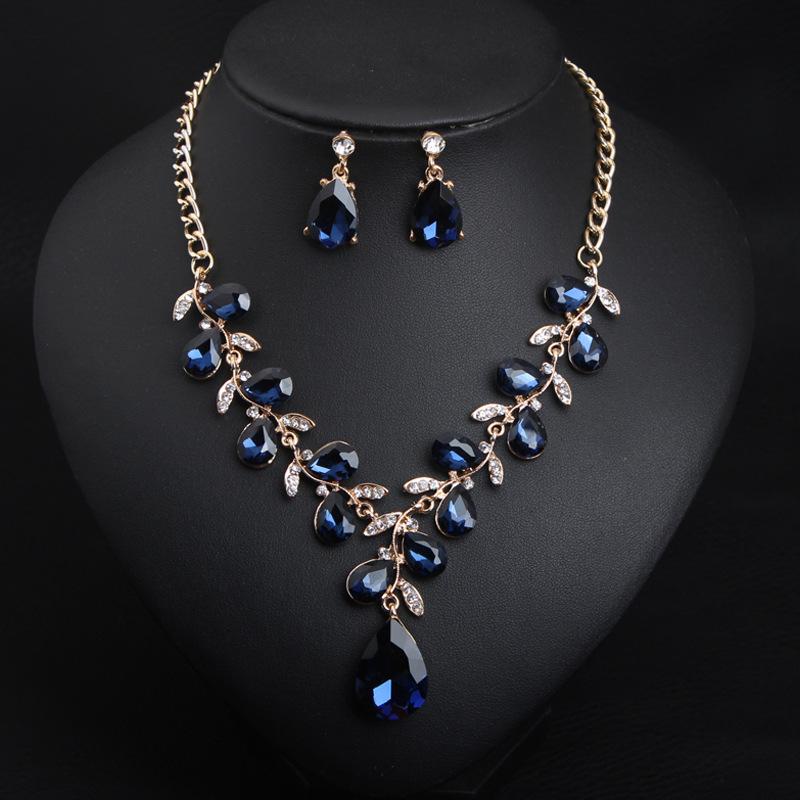 Crystal Gem Leaf Necklace Earrings Set Fashion Women'S Accessories