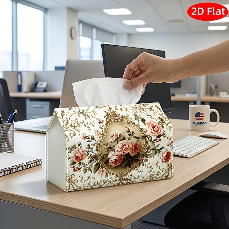 2D Flat, 1pc Tissue Box, Printed on Both Sides, Rococo Luxury Floral Tissue Holder Featuring a Pink Rose Oval Frame, Fabric Napkin Storage Organizer S