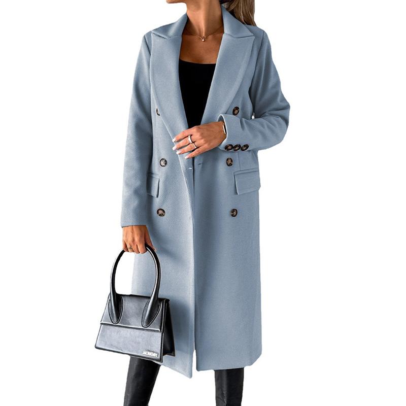 Осеннее длинное свободное шерстяное пальто для женщин, однотонное, средней длины, двубортное, с карманами, женская зимняя куртка, модные повседневные женские пальто больших размеров 24906