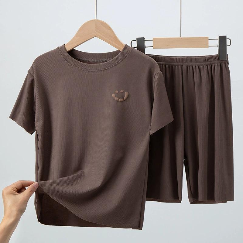 Children's Short-sleeved Suit T-shirt Ice Silk Big Children Girls Boys Baby Pajamas Summer Thin Two-piece Home Service