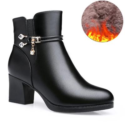 Модные женские сапоги, осенние, черные, с круглым носком, универсальные, на высоком каблуке, зимние, плюшевые, теплые, на молнии, ботильоны для женщин, Botas Mujer
