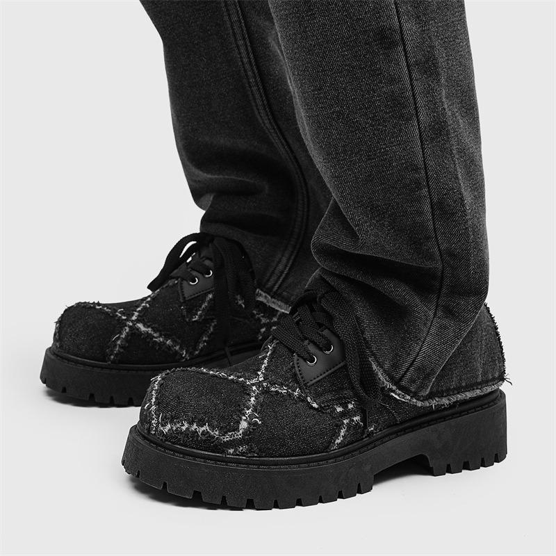 Модная мужская новая обувь дерби из выстиранного денима на платформе с круглым носком, повседневная обувь из кожи с большой головой, нишевая авангардная уличная обувь для мужчин