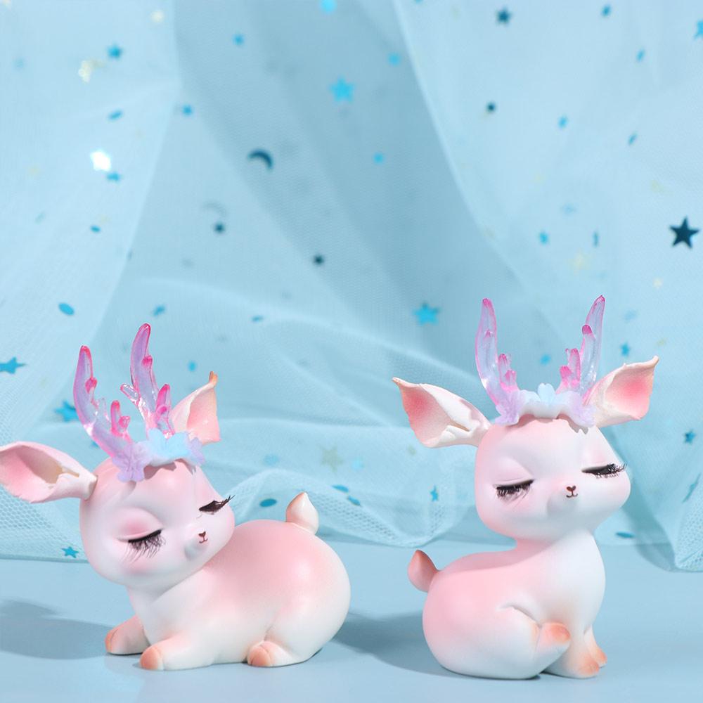 Kawaii Pink Sleeping Deer Figurine Cartoon Deer Birthday Cake Decor Office