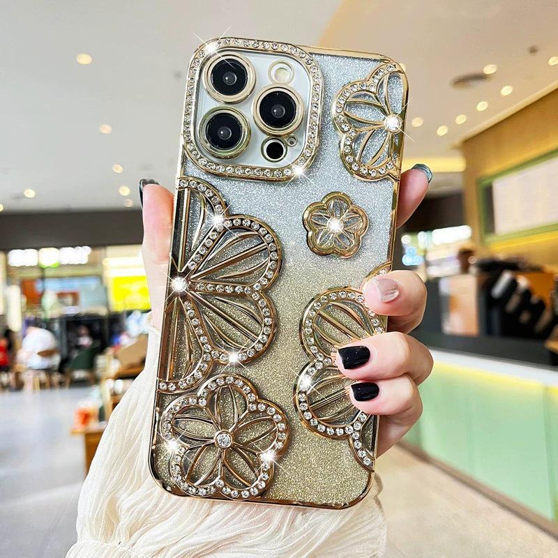 Блестящий градиентный чехол для телефона с цветком из страз для Apple 17 Pro Max - Девичий стиль (Подходит для 11/12/15/16)