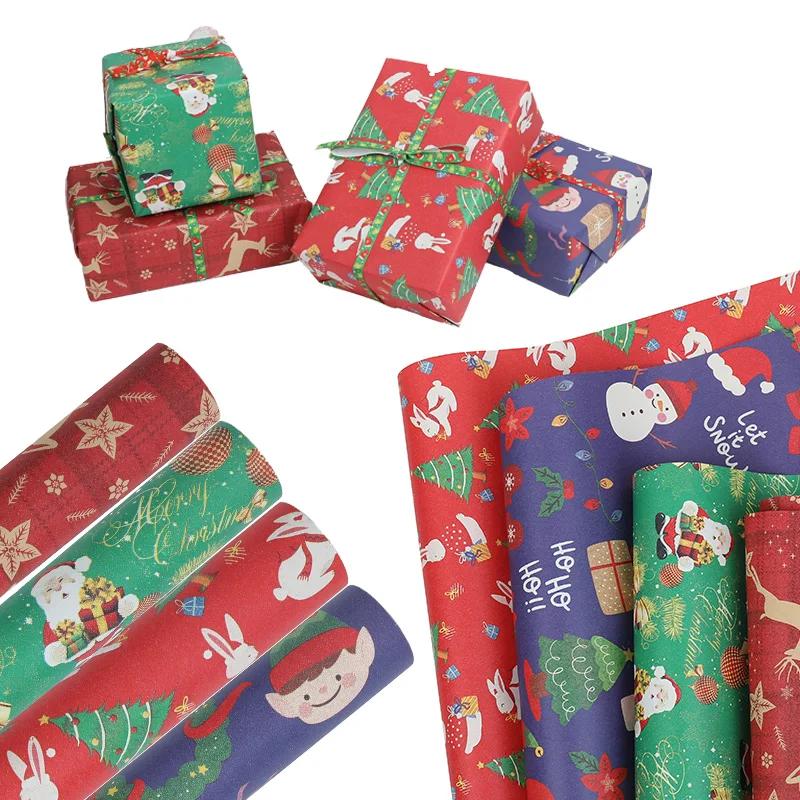 10M/roll Kraft Christmas Wrapping Paper Cartoon Santa Claus Elk Gift Box Packaging Material New Year Xmas Party Diy Decoration