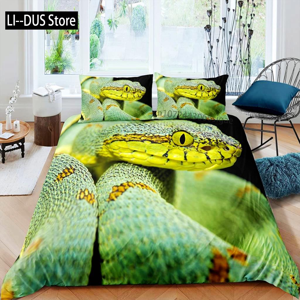 Комплект постельного белья со змеиным рисунком, комплект постельного белья с зеленым рисунком из микрофибры, постельное белье с изображением животных для мальчиков и мужчин, двуспальное одеяло размера «king-size»
