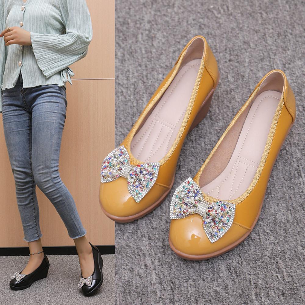 Весна и осень Новые женские туфли-одиночки, туфли с неглубоким бантом, рабочие туфли со стразами, туфли на танкетке для мам