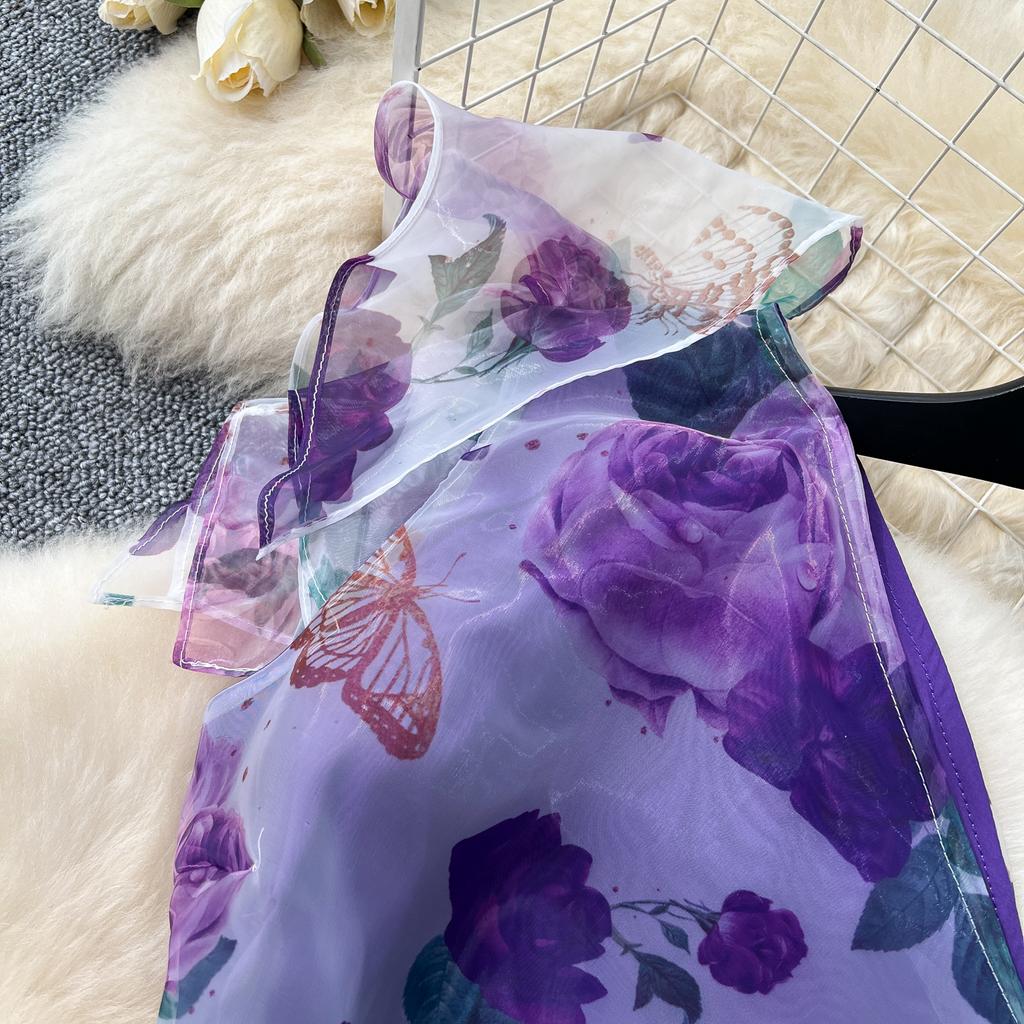 Летнее великолепное платье из органзы с цветочным принтом, женское платье на одно плечо с бантом и цветочным принтом, с высокой талией, в стиле бохо, с длинным разрезом