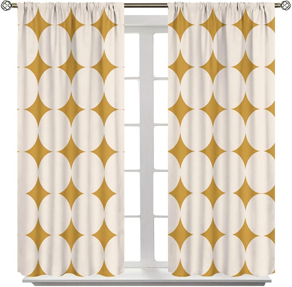Mid Century Curtain, Yellow Vintage Abstract Boho Window Treatment Modern Geometric Circles Circular Classic Retro 50S Farmhouse