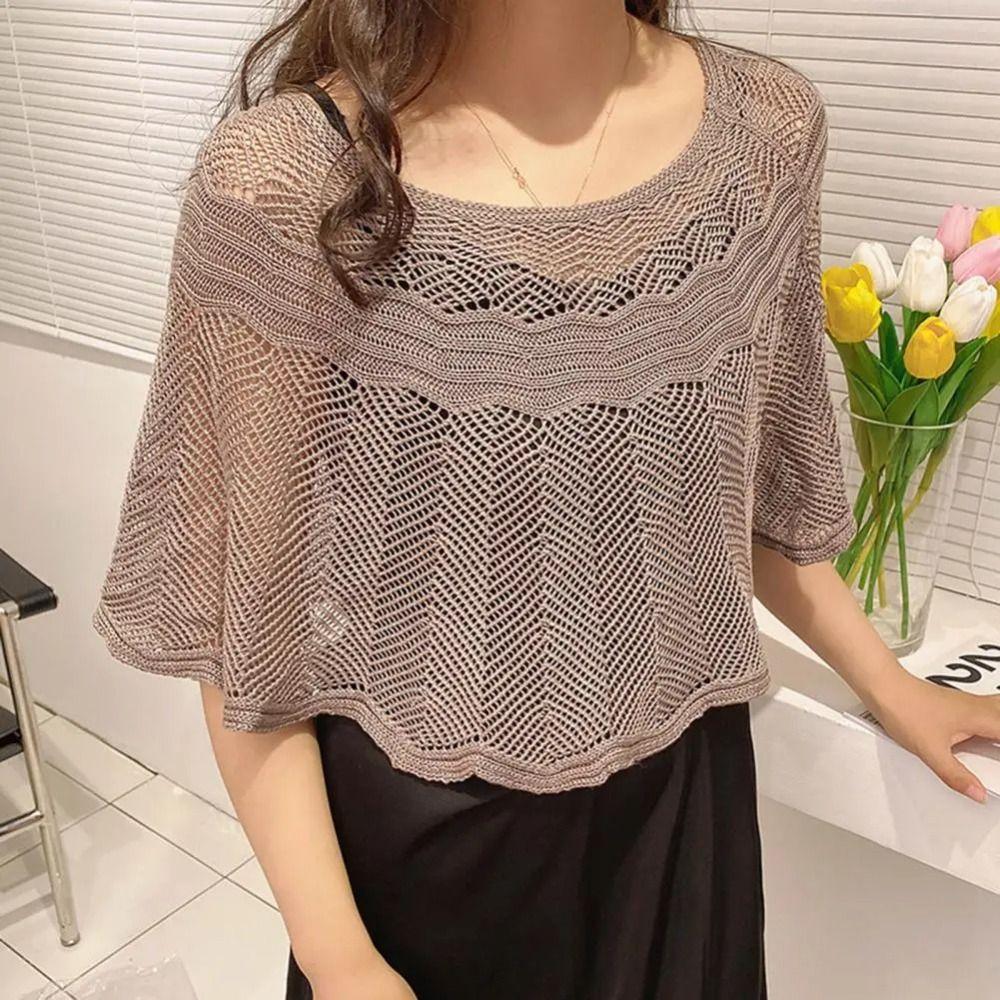 Breathable Knitted Shawl Solid Color Sunscreen Blouse Pullover Neck Guard Cloak Scarf Spring