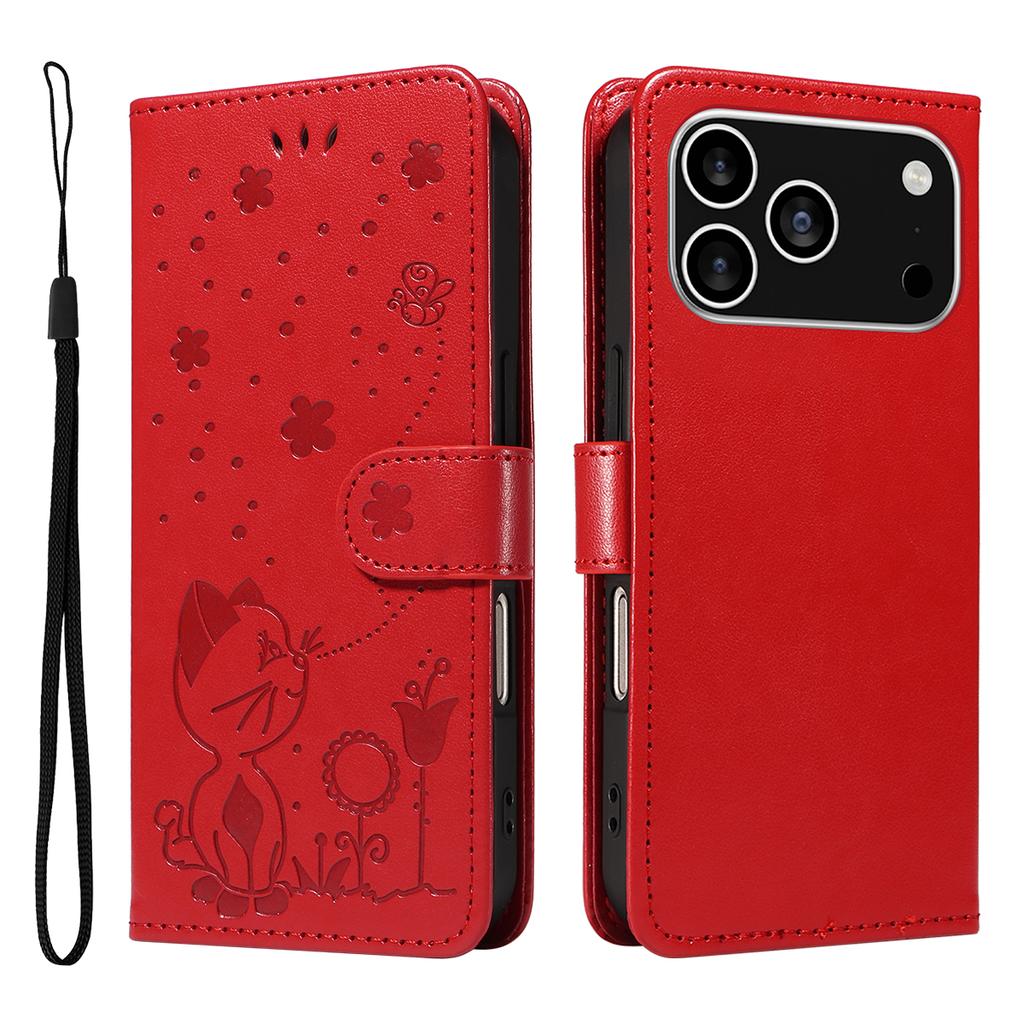 For iPhone 17 Pro Leather Wallet Case Cat Bee Pattern Phone Cover Stand