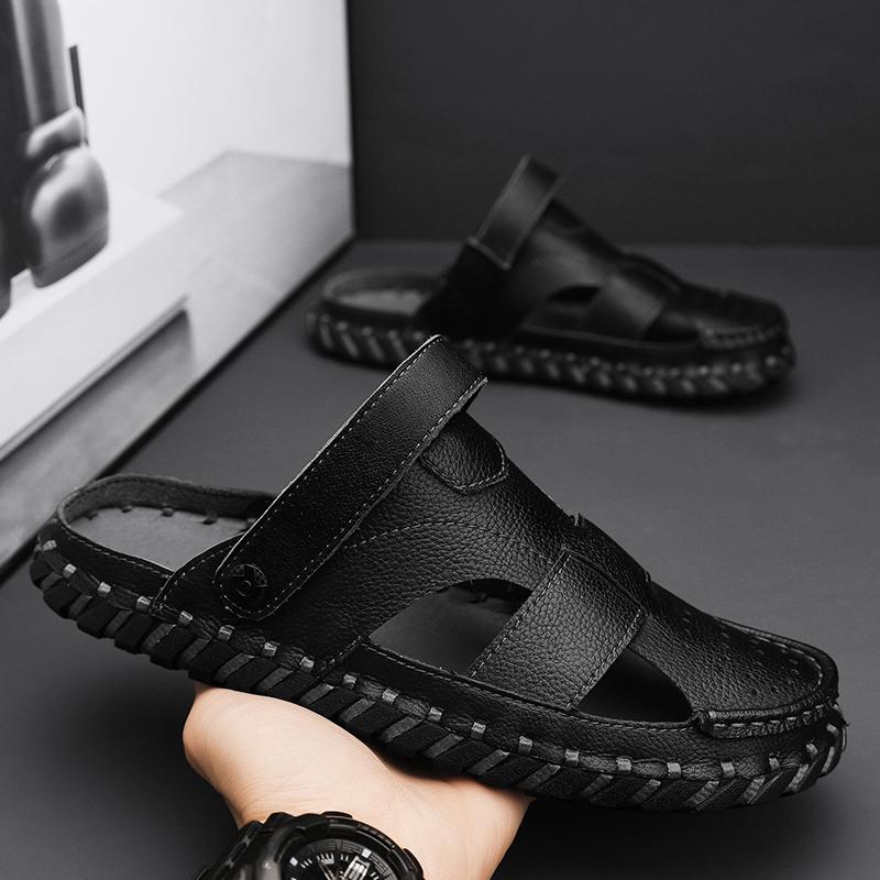 Men's Sandals Solid Black and Khaki Leather Men Summer Shoes Casual Comfortable Open Toe Sandals Soft Beach Footwear Male Shoes