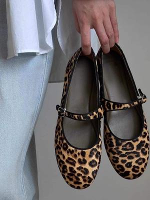 MKWQ ретро балетки 2025 осень новинка круглый носок плоская подошва леопардовый принт туфли Мэри Джейн на одном ремешке с мелким вырезом редкая обувь