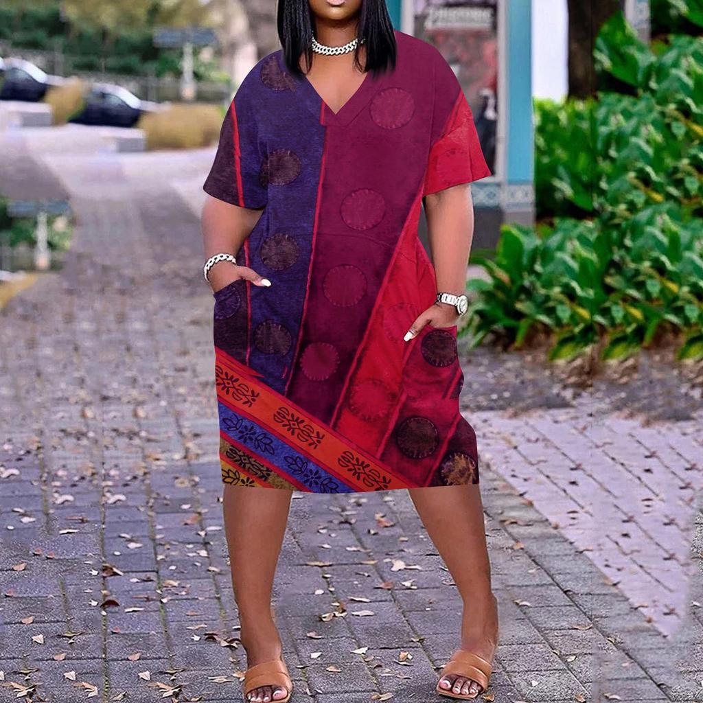 Лето плюс размер V-образным вырезом с короткими рукавами и карманами до колена с принтами повседневное платье для женщин