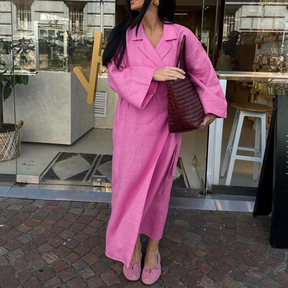 LYRIA Casual Loose Pink Cotton Dress Ladies Fashion Lapel Long Sleeve Ankle Length Dress Elegant Lace-Up Dresses For Women