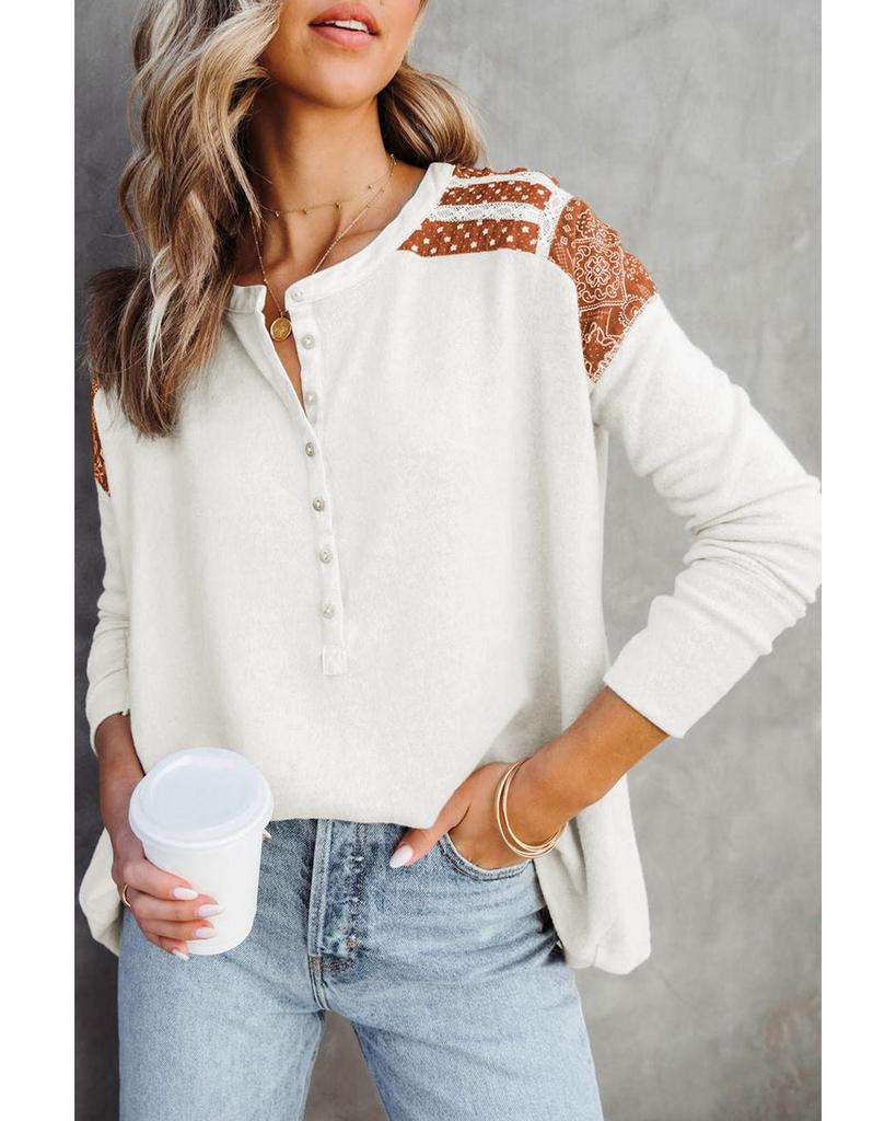 Azura Exchange Contrast Crochet Lace Henley Top