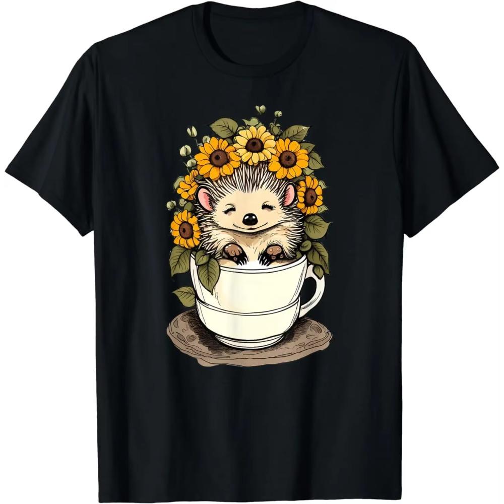 Cute Sunflower Garden Hedgehog In A Teacup T-Shirt for Men Women Teens All Season Graphic T Shirts
