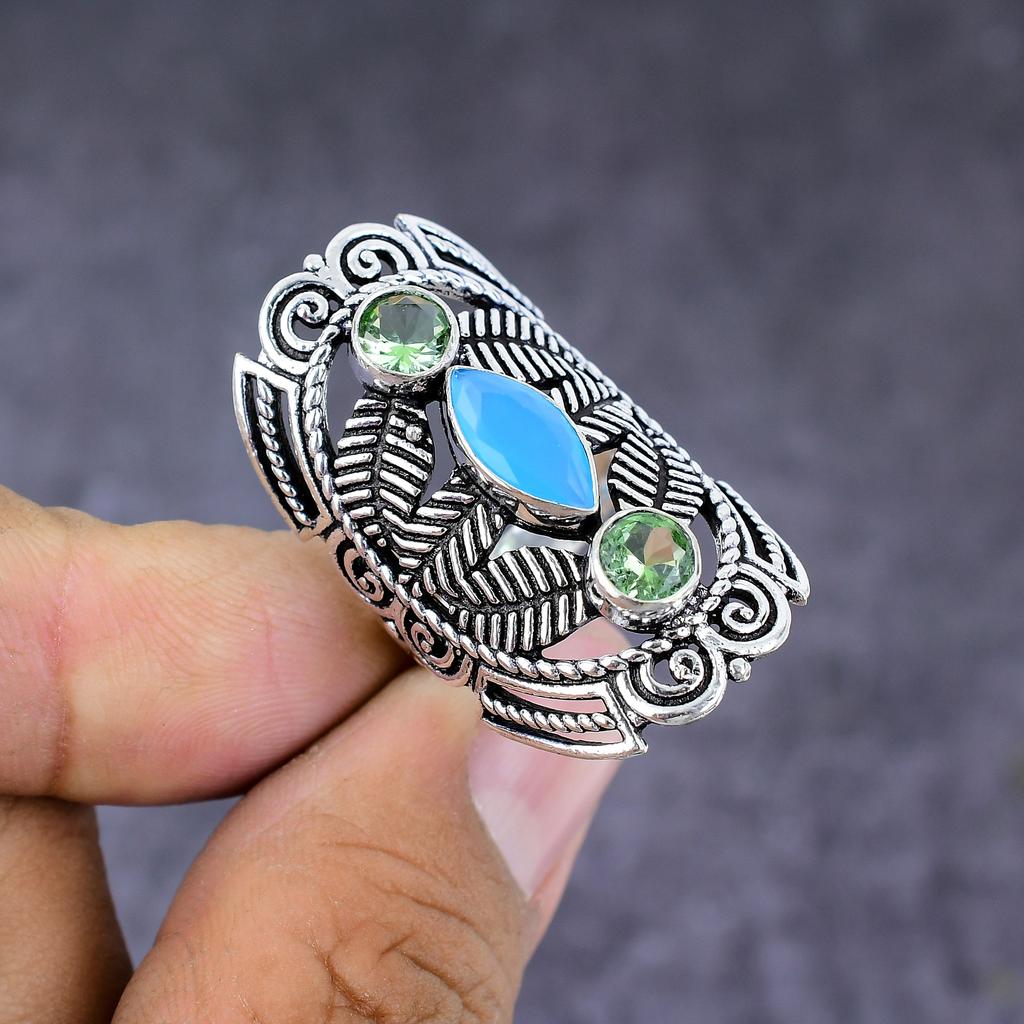 Blue Chalcedony,Tsavorite Gemstone Handmade 925 Sterling Silver Ring S.8.5 P2o40