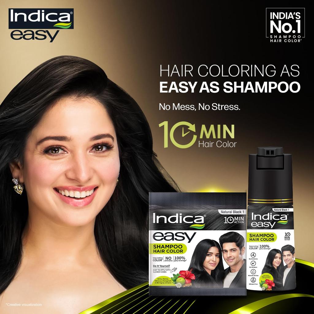 Indica Easy Do-It-Yourself Hair Color Shampoo Pump Pack with 5 Herbal Extracts and 100% Ammonia Free, 180 ML - Natural Black Colour (Gloves Included)