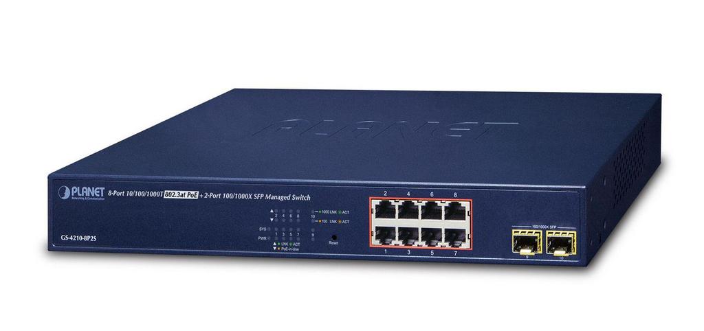 Управляемый коммутатор Planet Ipv4/Ipv6, 8 портов, GS-4210-8P2S
