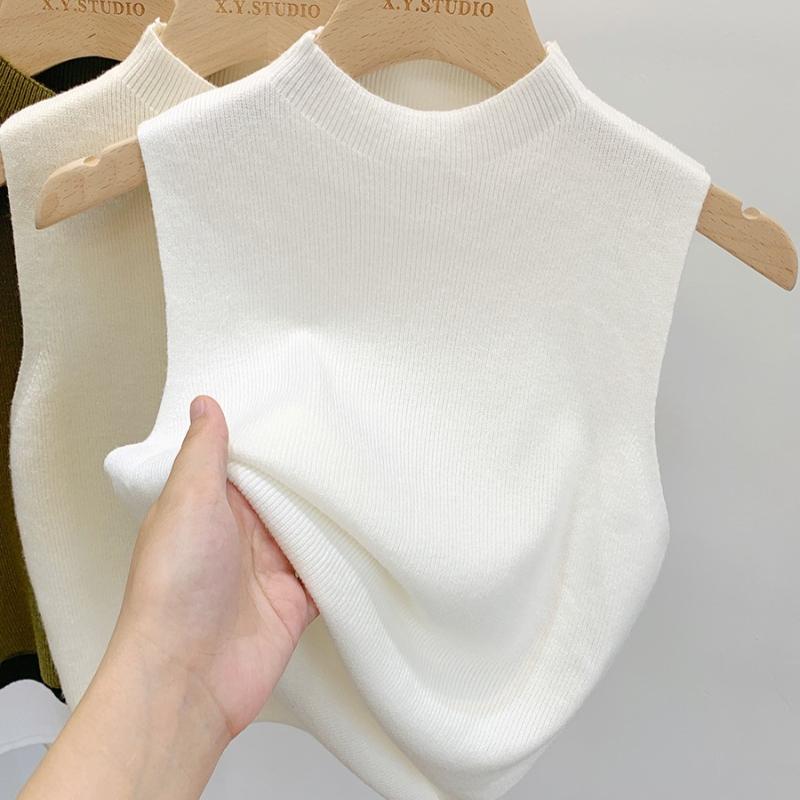 Летняя верхняя одежда без рукавов, трикотажные майки для женщин, полувысокие майки с высоким воротом, женские однотонные облегающие повседневные офисные женские майки, модный жилет 24985