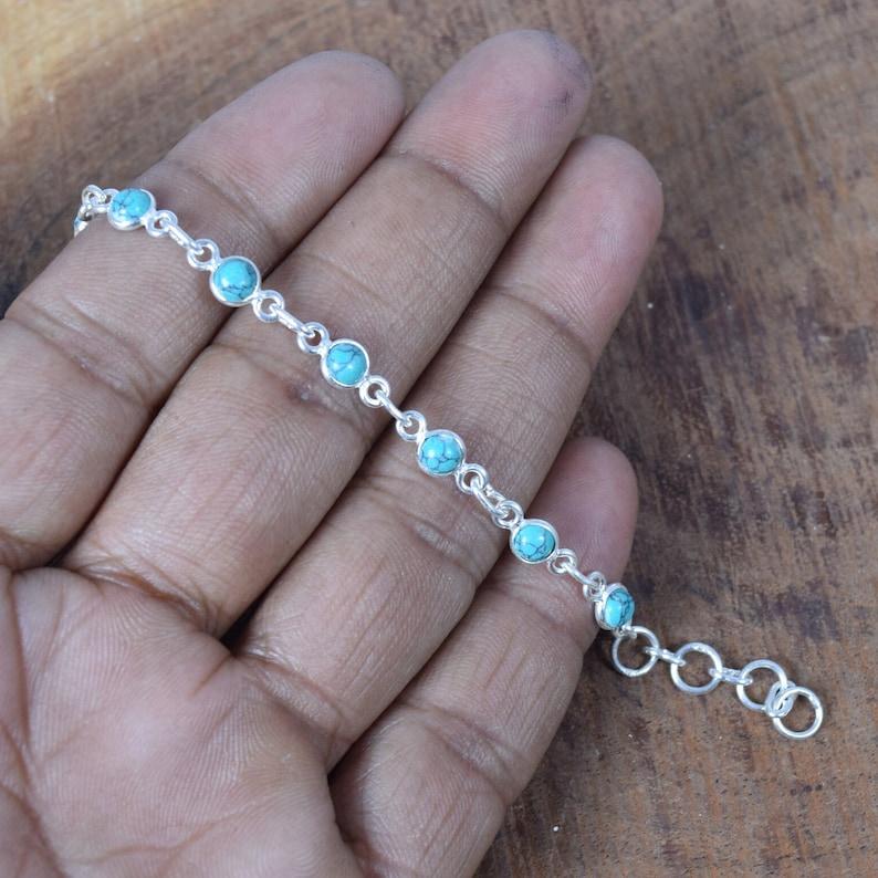 Solid 925 Sterling Silver Round Turquoise Gemstone Handmade Bracelet Charm Jewelry