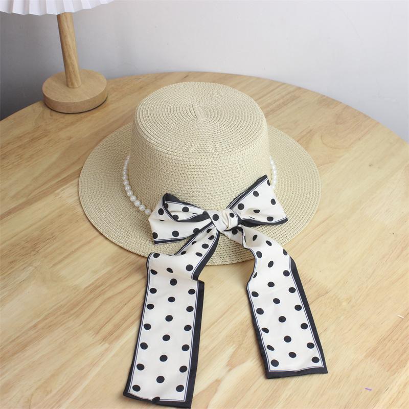 Straw Hat Summer Sun Hat Elegant Polka Dot Streamer Pearl Flat Top Hat Travel Small Fresh Sun Hat