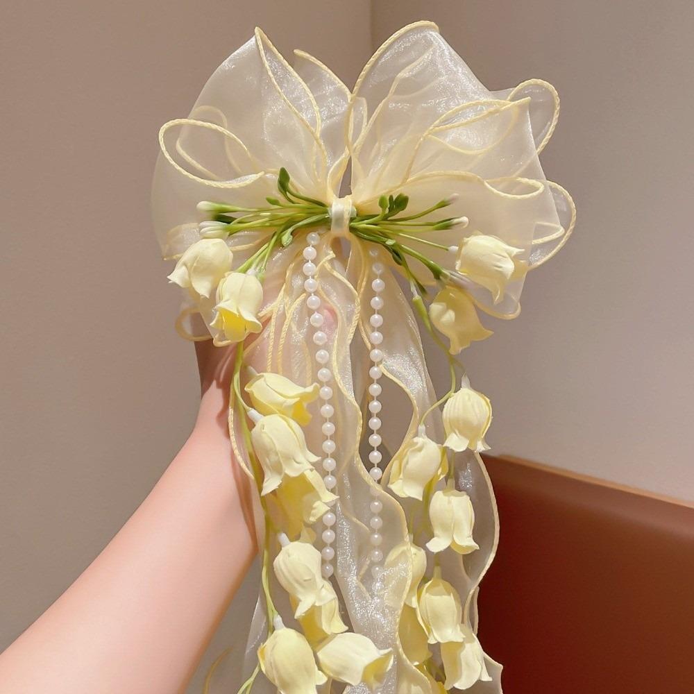 Sweet Fairy Flower Hair Clip Long Ribbon Flower Hairpin Temperament Lace Bow Duckbill Clip  Women