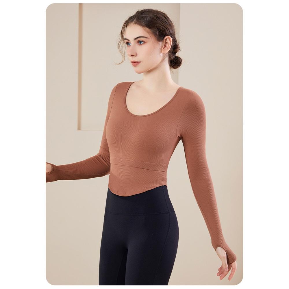 Ribbed Nude Slimming Yoga Suit Long Sleeved Women's Chest Cushion U-neck Outerwear Running Fitness Top
