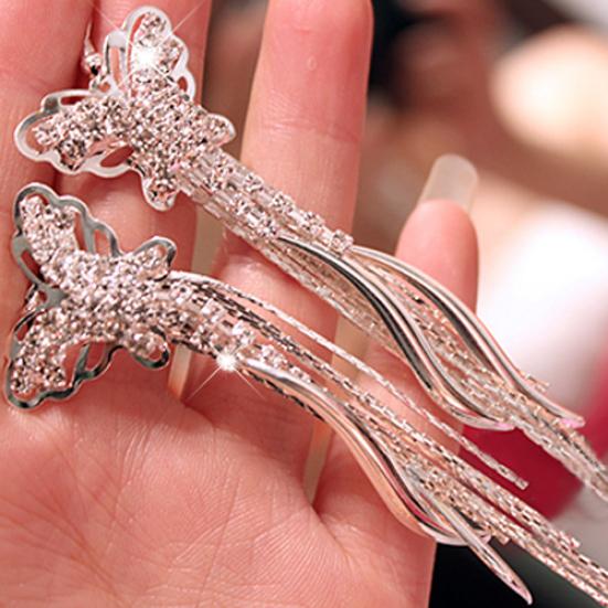 Женские линейные серьги с длинными кисточками и стразами, бабочкой, полумесяцем и луной